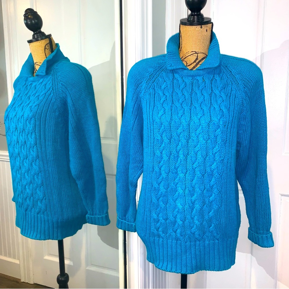 Vintage 80's Illustration's Teal Cable Knit Sweater Pullover Funnel Neck M